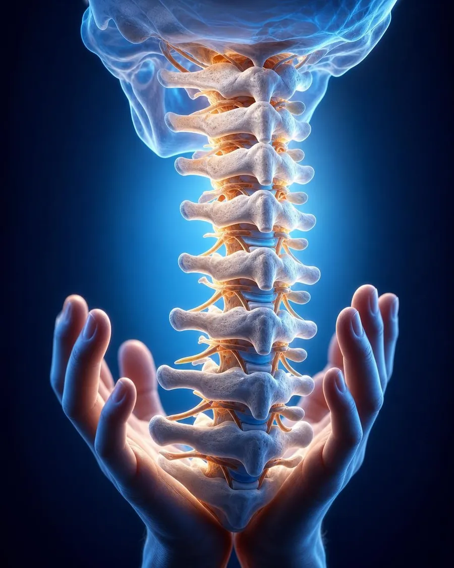 Ilustração da coluna cervical apoiada entre duas mãos