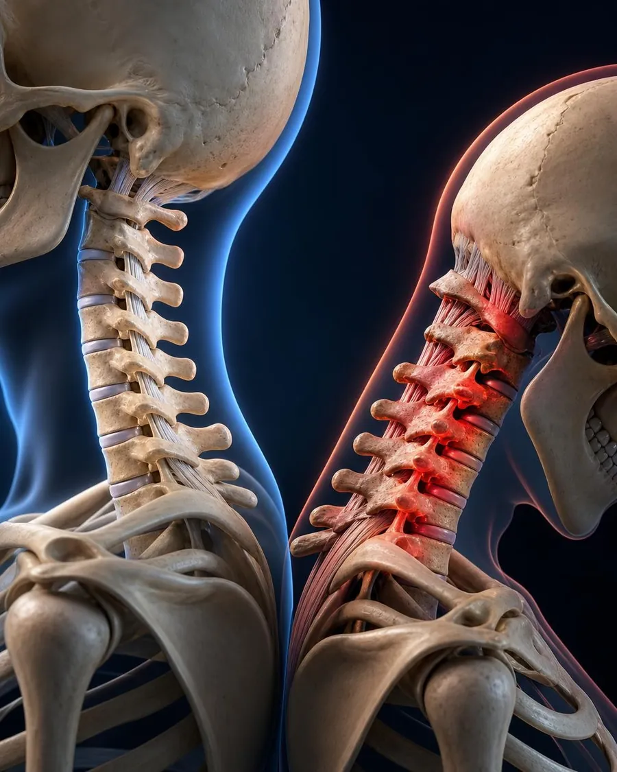Ilustração da coluna cervical com a região dolorida em vermelho