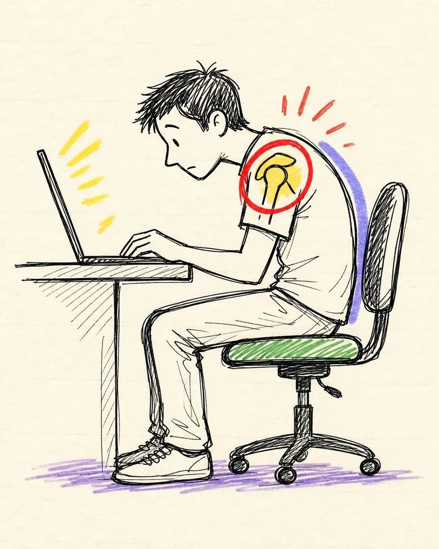 Desenho de uma pessoa no computador com a região entre as escápulas em destaque