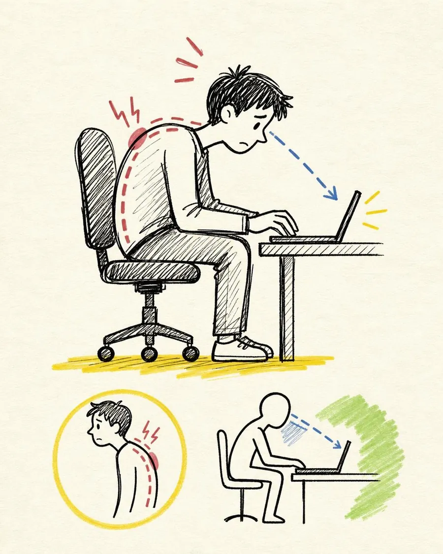 Desenho de uma pessoa curvada diante do computador, com a lombar em destaque