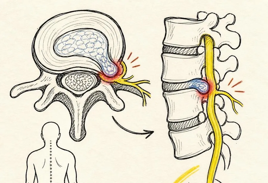 Desenho de um disco herniado encostando na raiz do nervo, visto de cima e de lado